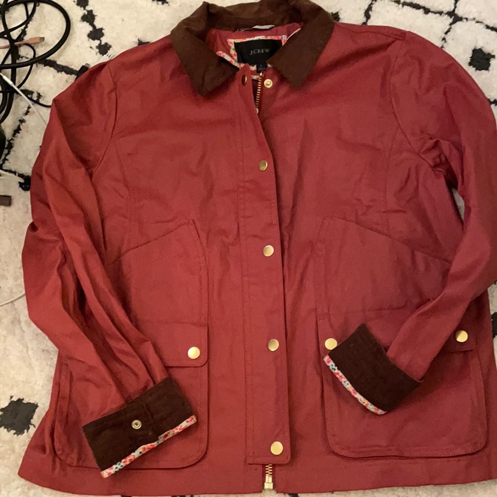 J.Crew Red barn jacket with Liberty print trim.